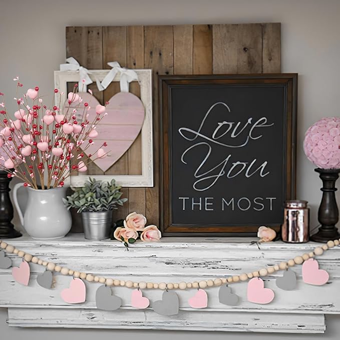 4 Pcs Artificial Flowers Berry Stems Valentine’s Day Picks Artificial Berry Flower Stems with Pink Hearts Valentine Floral Picks for Table Centerpiece Anniversary Wedding