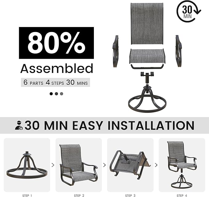 Patio Swivel Chairs Set of 6, Outdoor Dining Chairs with High Back, All-Weather Swivel Rocker Chair for Lawn, Porch or Garden (Dark Grey)