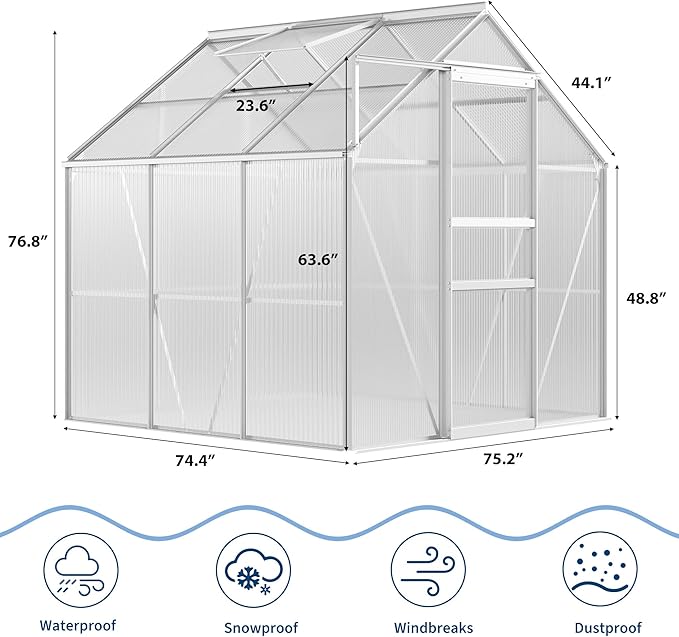 CABIHOME 6 x 6 FT Greenhouses for Outside, Polycarbonate Greenhouse with Aluminum Frame, Sliding Door, Adjustable Roof Vent, Backyard Green Houses, Patio Garden, Silver