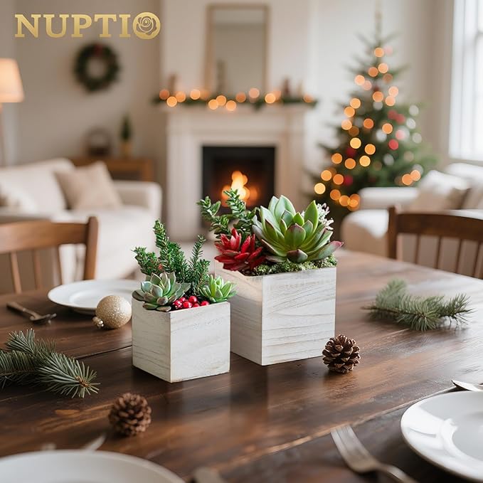 NUPTIO Wooden Box for Centerpiece Wedding: 6 Pcs Rustic Square Planter Box Farmhouse Table Fall Decor - 4×4" & 5×5" Whitewashed Small Wood Vases Flower Pots for Windowsill Home Garden
