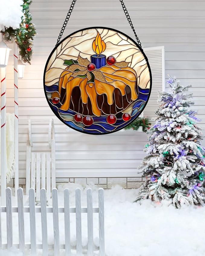 Stained Glass Window Hanging - Blue Candle Cake Suncatcher for Doors Home Christmas Decoration Winter Sun Catcher Thanksgiving New Year Birthday Gifts for Women Men Mom Nana Girl 15 in