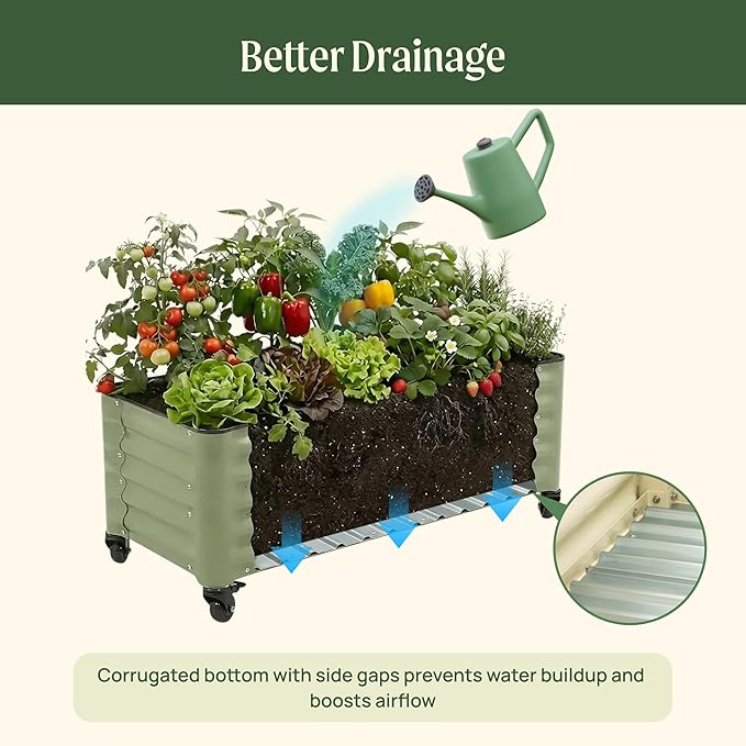Vego garden Classic Rolling Garden Bed – 1.75' Mobile Metal Raised Garden Bed for Patio, Deck, Balcony – Deep Planting Space, Durable & Easy to Move (Pearl White, 1.75'X6')