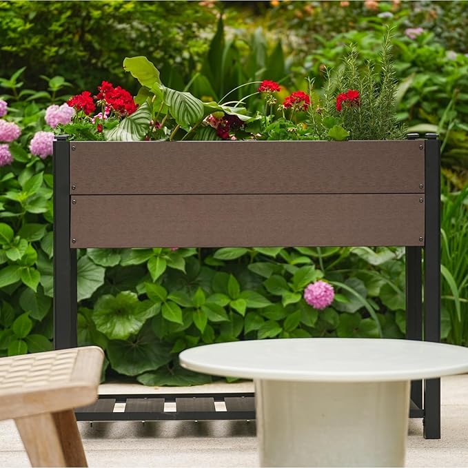 42" l x 33"h HDPE Elevated Garden Bed with Storage Shelf - Wood Grain Finish, All-Weather Standing Planter Box with Sturdy Black Aluminum Frame for Vegetables, Herbs on Patio, Balcony & Outdoors