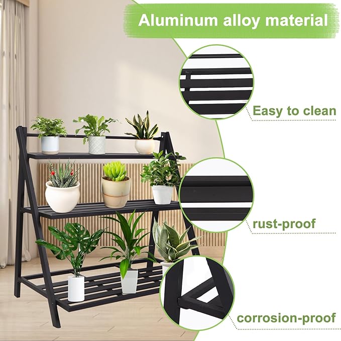 DHYGOTFUR Aluminum Plants Shelf Outdoor, Multiple Flower Holder Rack, Metal Plant Stands Home Decor for Balcony Living Room Patio Garden (3-Tier)
