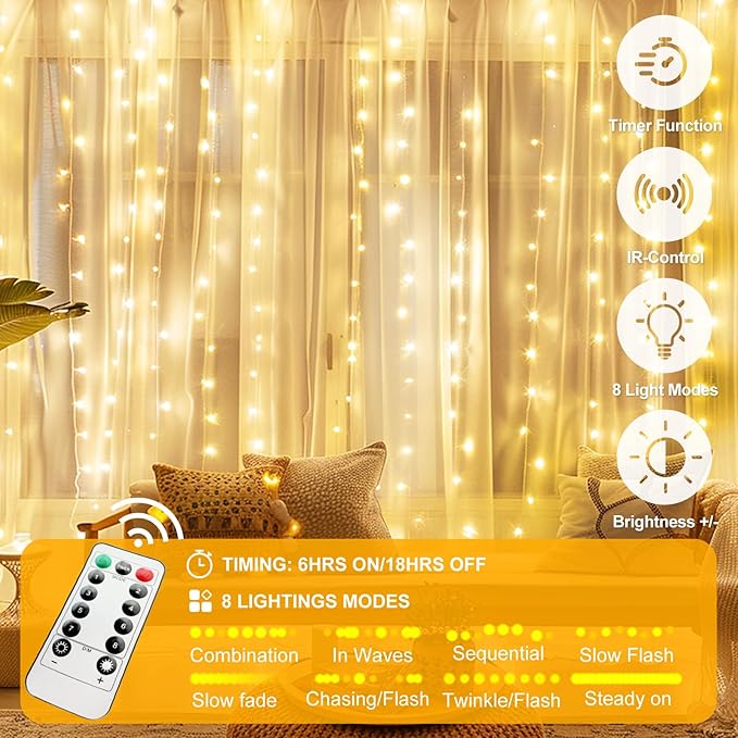 Fairy Curtain Lights Upgraded Tangle-Free Warm White USB Plug in 8 Modes String Hanging Lights with Remote for Christmas, Bedroom, Indoor, Outdoor, Weddings, Party (10FTx10FT)