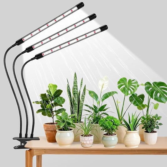 3 Head Grow Lights for Seed Starting, 6000K Full Spectrum Grow Lights for Indoor Plants with 6/12/18H Auto Timer, 5 Dimmable Level Plant Light, Plant Lamp Clip-on Desk for Indoor Plant Growing