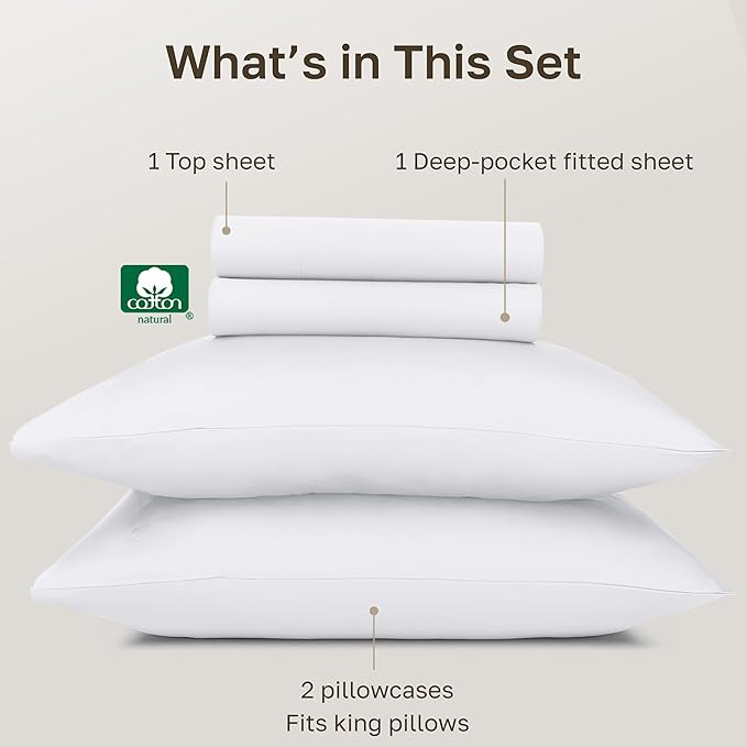 California Design Den 100% Egyptian Cotton Sheets King Size Set - Certified Authentic Luxury King Size Sheets Set, Deep Pockets, Soft Sateen Breathable & Durable Bedding - White