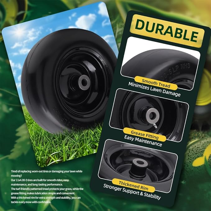 11x4.00-5 Lawn Mower Tires Flat Free (2 Pack),Universal 11x4-5 Solid Smooth Tractor Turf Tire with Rim, 3.4" Centered Hub and 3/4" & 5/8" Bushing, For Zero Turn Mowers and Riding Lawn Mower