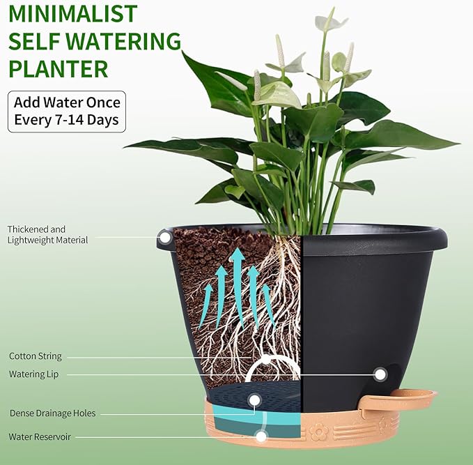 XMPBFYH Plant Pots, Flower Pots for Indoor/Outdoor Plants, Self Watering Plastic Planters Pots with Drainage Holes, Saucer & Reservoir, Decorative Nursery Planting Pots(10 Inch Set of 4) (Black)