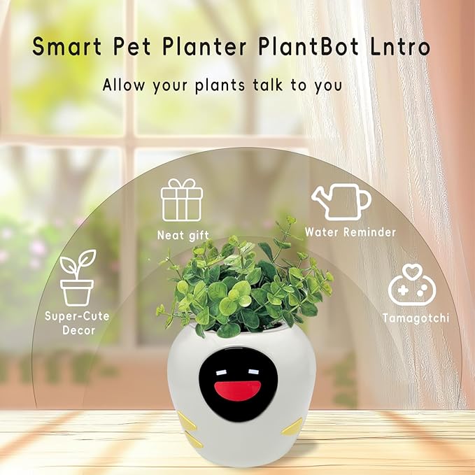 Odpaltoy Smart Plant Pot with Expression, AI Intelligent Flower Pot for Indoor Decoration, Smart Garden Pot with Water/Light/Temperature Sensors, Ivy AI Planter (White（Big）)