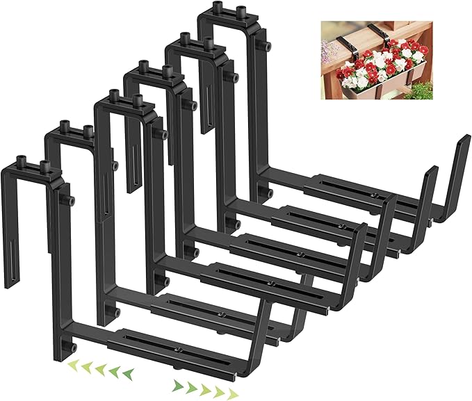 Y&M 6 PCS Adjustable Window Box Brackets for Planter Box, Heavy Duty Wall Mounted Hooks Hangers for Flower Baskets Holder Durable, Hanging Brackets for Fence Patio Garden Balcony