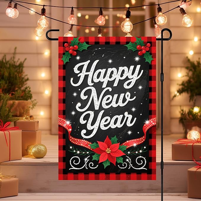 Happy New Year Garden Flag 12x18 Inch Double Sided Plaid Banner Outdoor Yard Decoration with Holly Berry and Poinsettia for Home Lawn Porch Seasonal Holiday Garden Flags
