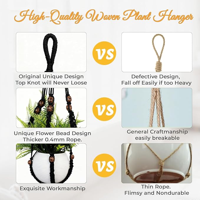 HOREAKHJ 35 Inch Macrame Plant Hanger, Large for up to 15 Inch Pot Extra Long Hanging Planter Holder Basket with Wood Beads for Indoor Outdoor Home Decor (Black, 2-Pack)
