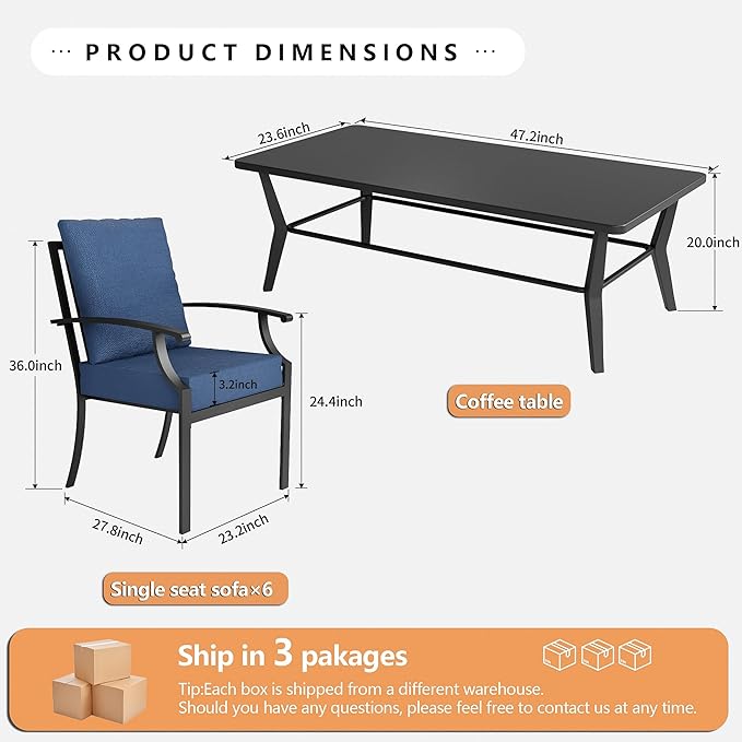 7-Piece Patio Furniture Set, Outdoor Furniture with All-Iron Rectangular Coffee Table and 6 Chairs with Thick Cushions, Metal Patio Table and Chairs Set for lawns, Patios and Backyards,Navy blue