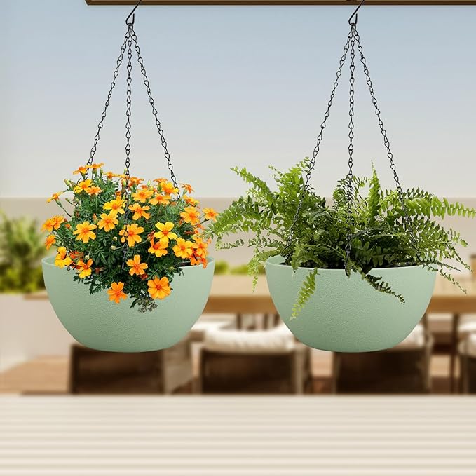 Meowell 8 inch Small Hanging Planters Plant Pots for Indoor Outdoor Plants, 2 Pack Hanging Flower Pots with Drainage Holes and Chain for Garden Porch, Plastic Hanging Baskets for House Plants, Green