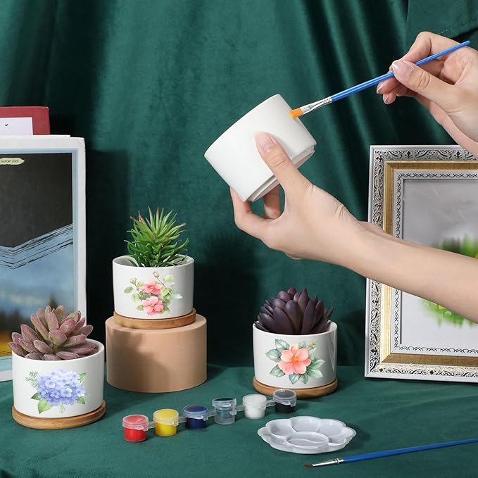SiliFine 12 Sets DIY Ceramic Succulent Pots Painted Ceramic Flower Pots with Drainage Holes, Paints, Brushes, Palettes, Trays for DIY Event Adults Craft Birthday Gifts