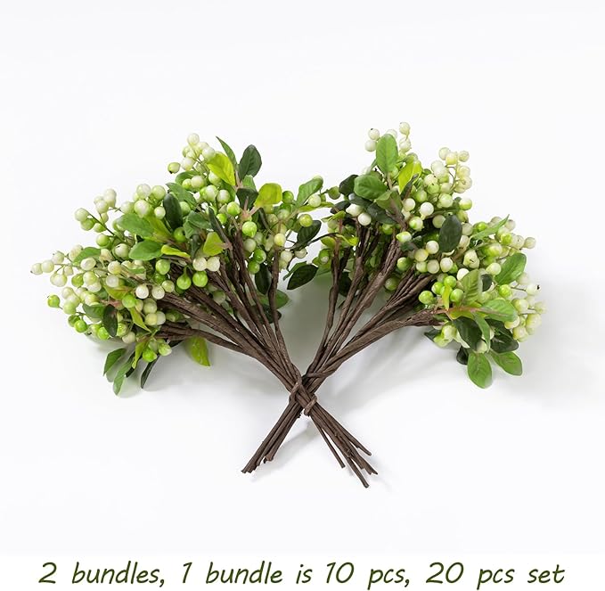 SHACOS Artificial White Berry Stems 20 PCS Pack Fake Berries Branches Spray with Green Leaves 9.8 inch Small Berry Picks for Christmas Decorations Crafts Filler Holiday Home Decor, White
