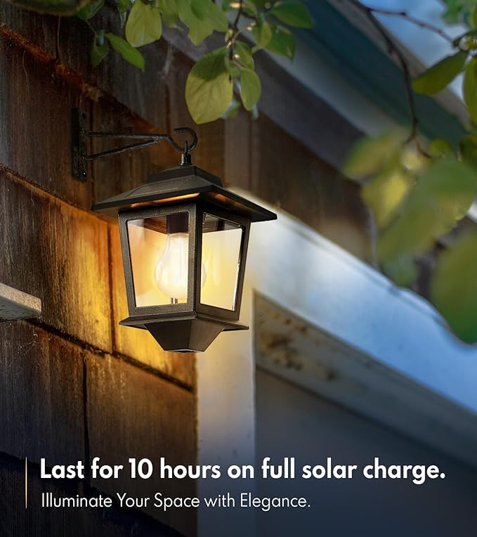 PASAMIC 2 Pack Solar Wall Lanterns with Replaceable Bulb, Outdoor Hanging Solar Lights with 4 Solar Panels, Dusk to Dawn Led Outdoor Wall Sconce, Anti-Rust Waterproof Wall Lanterns with Hooks