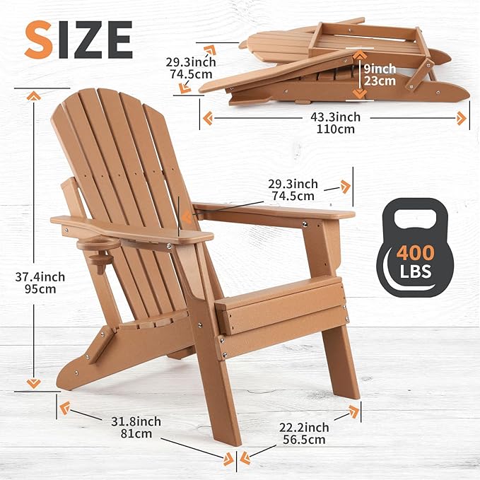FUNBERRY Folding Adirondack Chair Set of 3, All Weather HDPE Fire Pit Chairs with Cup Holder for Outdoor