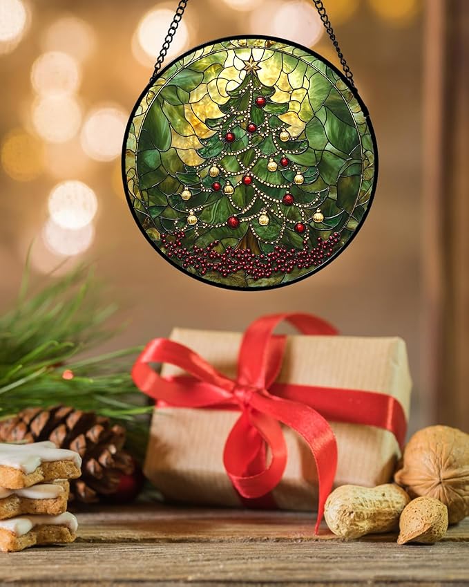 Stained Glass Window Hanging - Retro Green Christmas Tree Suncatcher for Doors Home Christmas Decoration Sun Catcher Thanksgiving New Year Birthday Gifts for Women Men Mom Nana 11.8 in