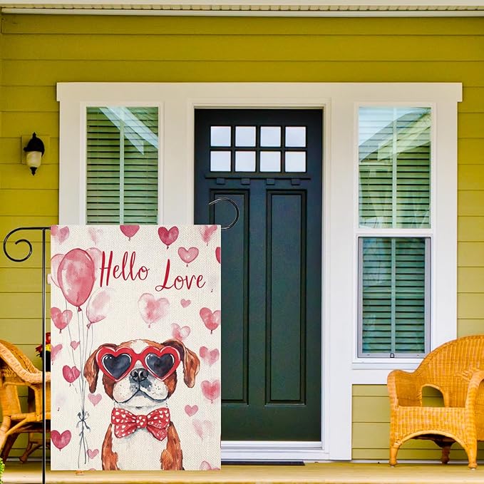 Valentine's Day Saint-Bernard Hello Love Garden Flag, House Yard Plaid Love Heart Outside Decoration, Spring Holiday Wedding Anniversary Outdoor Small Decor 12x18(12617)