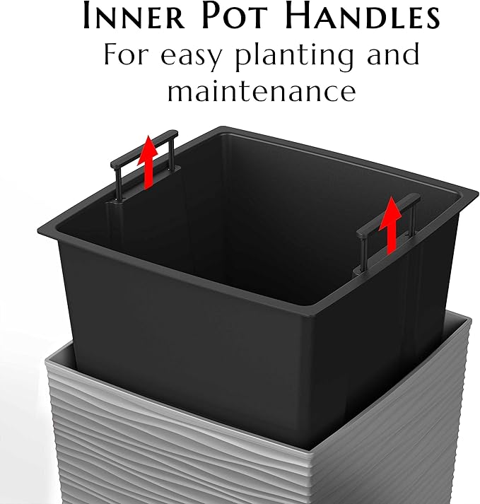 Mueller Janska M-Resin Heavy Duty Tall Planter, Indoor/Outdoor Grande Plant, Tree, Flower Pot, 2-Piece Set, 24”, Modern Design, Built-in Drainage, Light Gray