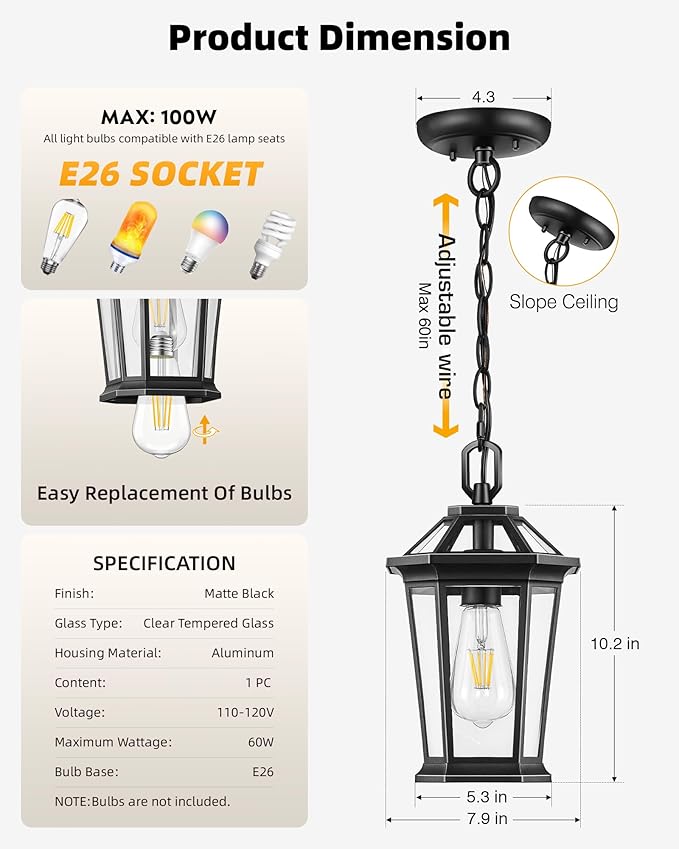 VIANIS Outdoor Pendant Lights, Modern Hanging Outside Lantern, Aluminum Porch Light Ceiling, Black Outdoor Chandelier for Porch with Clear Glass for House Doorway