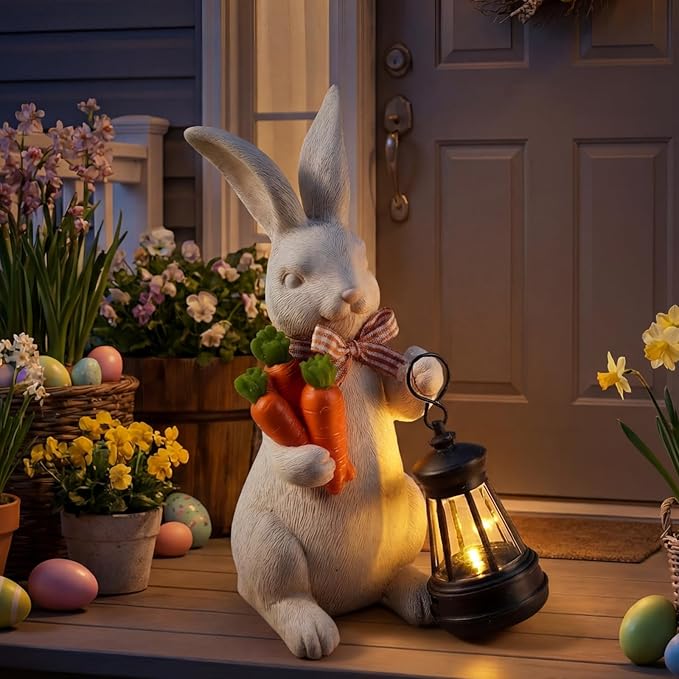 Retisee Solar Easter Garden Statue Resin Garden Bunny Statue with Carrots LED Lights Outdoor Bunny Solar Light Figurine Decoration for Yard Patio Lawn Gift for Easter Spring Holiday Outdoor Decor