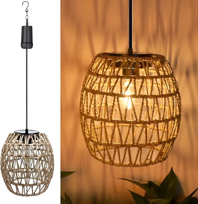 Battery Operated Outdoor Hanging Light Waterproof,6 Hours Timer Seagrass Woven Chandelier Indoor Outdoor Rattan Lantern for Patio Porch Gazebo Garden,Battery Operated Pendant Light with Edison Bulb
