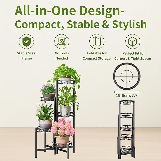 NQW Metal Plant Stand Indoor Outdoor, 5 Tier 5 Potted Multiple Plant Shelf Stands, Wrought Iron Flower Holder Shelf, Folding Tall Rack Shelf for Patio, Balcony, Corner Living Room - BlackCircle