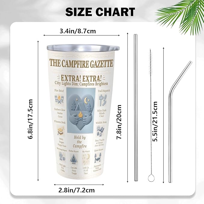SNUGLYZEN Camping Tumbler 20 oz Stainless Steel Travel Cup with Lid, Vintage Camp Newspaper Design, Tent & Trees Night Sky Art, Outdoor Coffee Mug, Gift for Campers Men Women