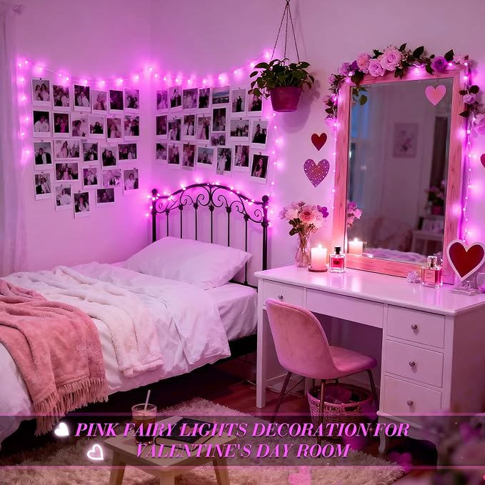 JMEXSUSS 2 Pack Pink Fairy Lights Battery Operated, Total 66ft 200 LED Twinkle String Lights with Remote, 8 Modes Valentine Lights for Bedroom Christmas Tree Anniversary Indoor Valentine's Day Decor