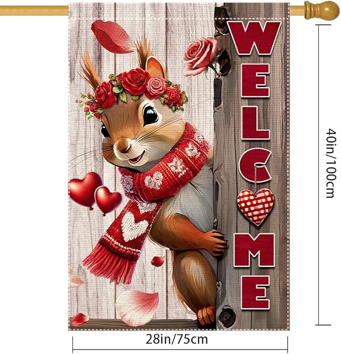 Valentine’s Day Garden Flag 28x40inch Double Sided The Squirrel Red Love Heart Rose Valentine’s Garden Flags For Home Outdoor Yard Patio Lawn Decor,Welcome Valentine Garden Outside Decorations Banner