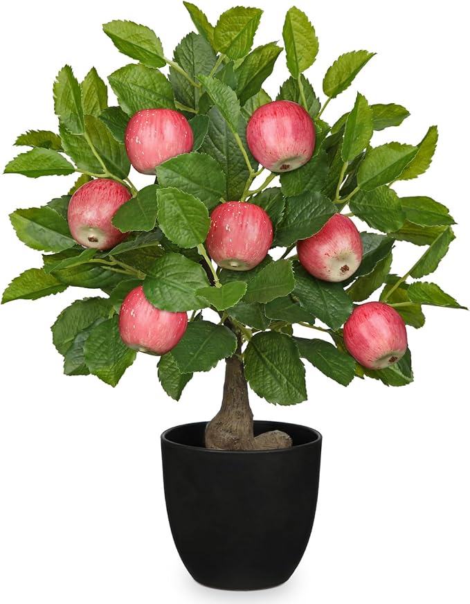Artificial Fruit Tree Potted Plants - Fake Apple Tree Artificial Fruit Plant 15.7" with Black Pot Faux Plants Indoor Decor for Home Office Living Room Table Desk Scenery Arrangement