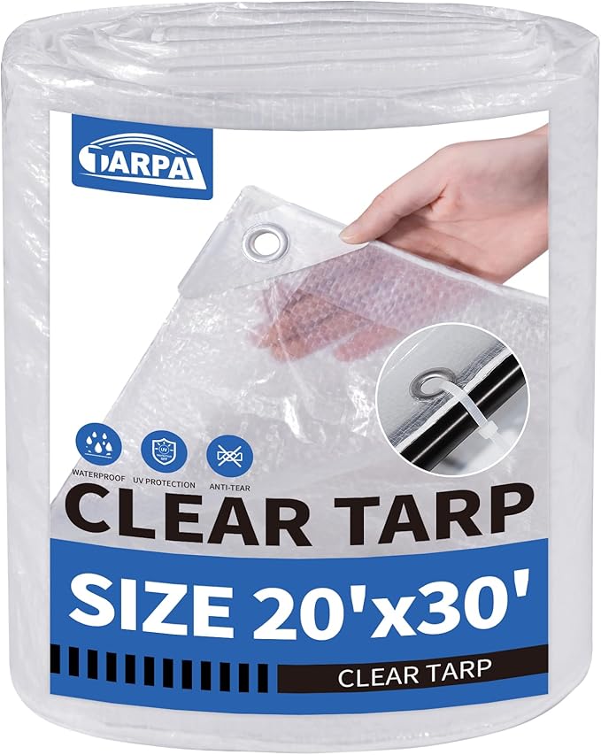 TARPAL Semi Clear Tarp 20x30ft Large Tarp Waterproof Clear Plastic Tarps with Grommets and Reinforced Edges for Patio,Porch and Outdoor Plant,Chicken Coop,Garden,Cat Litter