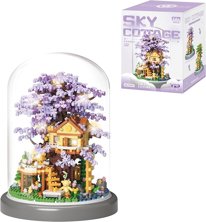 Cherry Blossom Bonsai Tree House DIY Building Flowers Set for Adults,2680PCS Challenging Mini Brick House Model Kit with LED Lights, Purple & Yellow Sakura Flowers, Includes Dust Cover for Display
