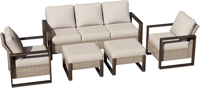 Joyside Outdoor Patio Chairs, 5 Pieces Wicker Rattan Furniture Set, 2 Patio Chairs, 1 Sofa and 2 Ottoman, Metal Wide Armrest, Thick Cushions and Deep Seating for Garden, Backyard, Porch, Deck