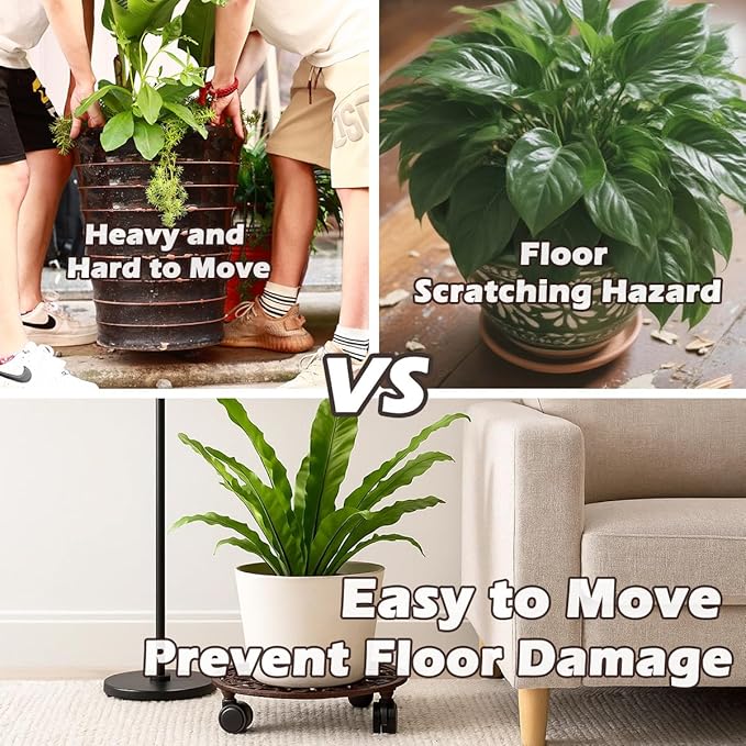 2 Packs 11 Inch Rolling Plant Stand with Wheels Wrought Iron Rolling Plant Stand with Casters Heavy Duty for Indoor Plants Rollers with Wheels, Metal Round Plant Dolly