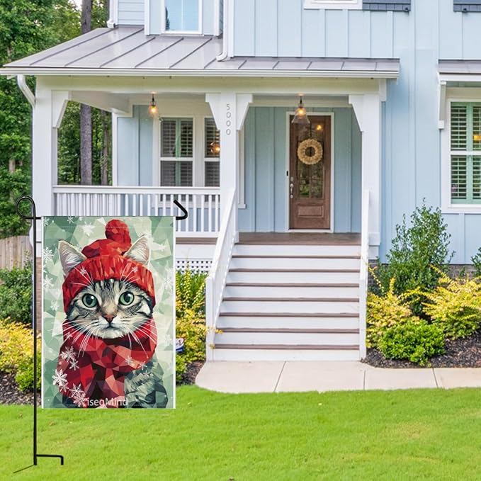 American shorthair Cat with Red Scarf and Hat Snowflake Christmas Garden Flag, 28x40 Inch Double Sided Linen Holiday Red Winter Farmhouse Yard Outdoor Decoration (4330)
