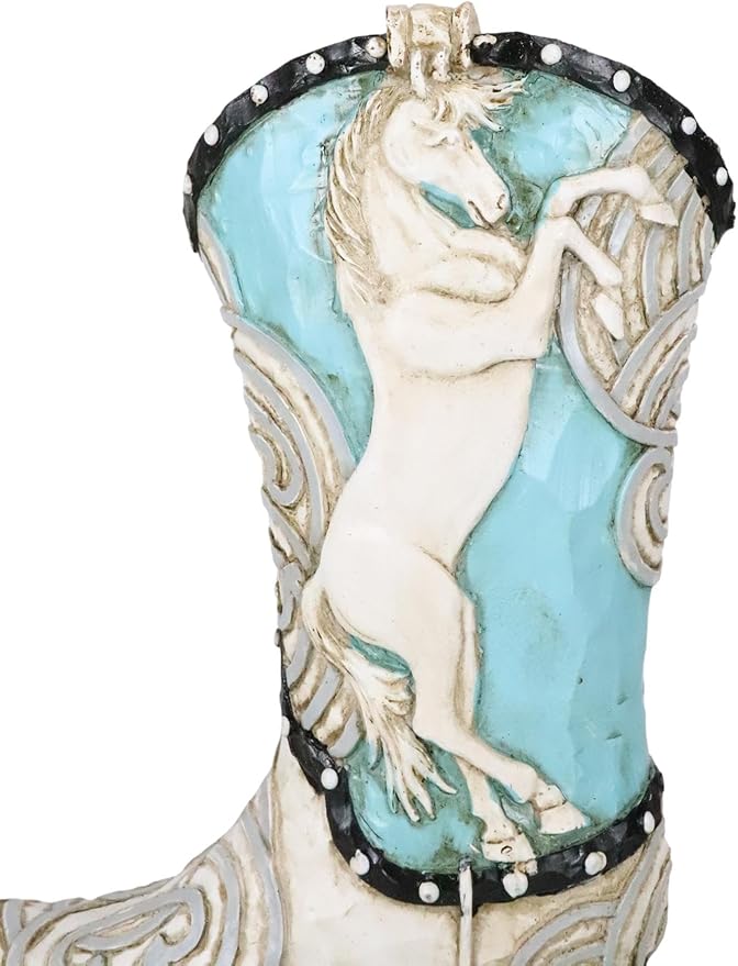 Ebros Gift Rustic Western Colorful Faux Tooled Leather Aqua Blue and White Prancing Horse Cowboy Cowgirl Boot Decorative Figurine Or Floral Vase Planter Table Shelf Countertop Accent