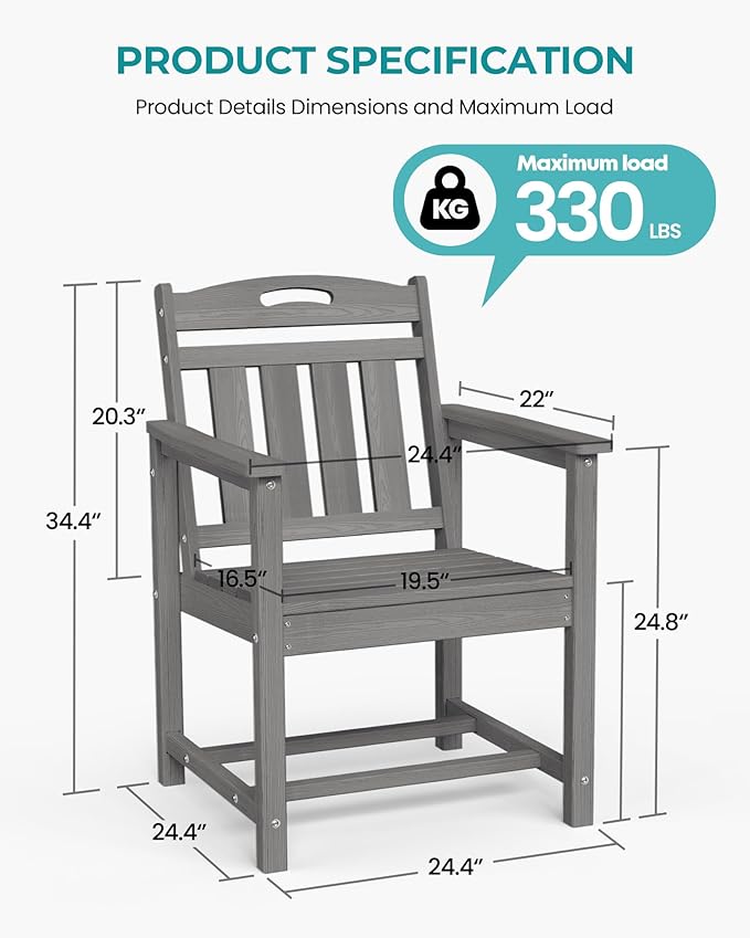 Outdoor Patio Dining Chair - All-Weather Fade-Resistant HDPE, Low Maintenance - for Garden, Backyard, Deck - Grey