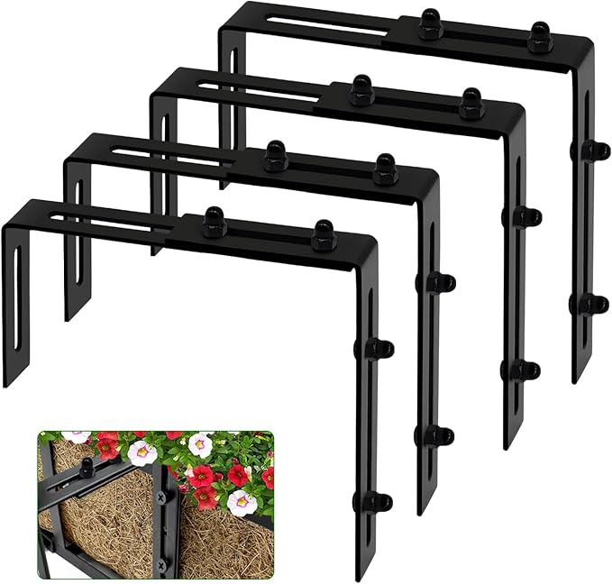Halatool 4 Pack Window Box Brackets for Railing, Adjustable Heavy Duty Iron Window Flower Holder, Outdoor Sturdy Railing Planter Box Brackets for Fences, Balconies, and Gardens