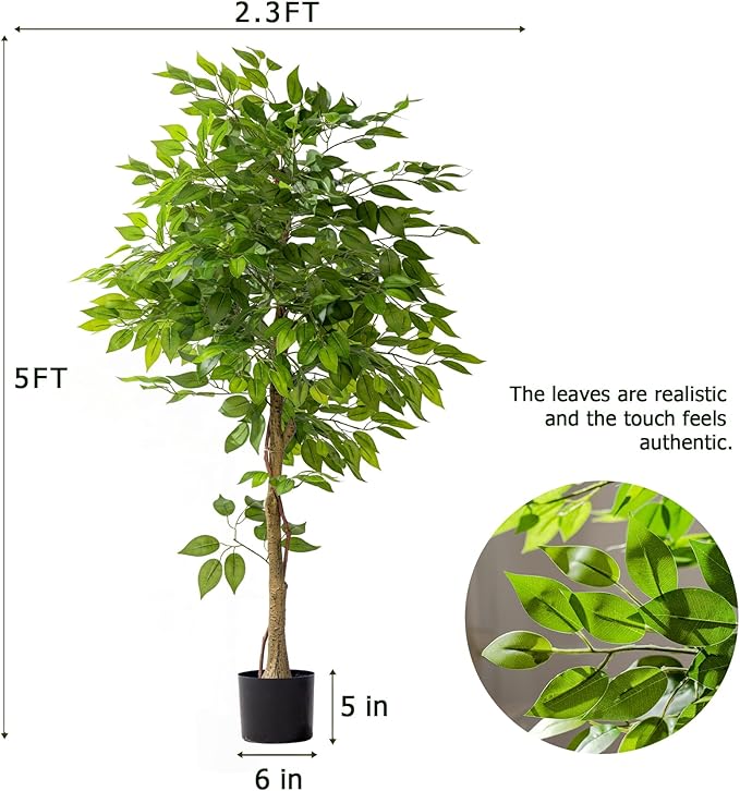 Erimda 5ft Artificial Ficus Tree for Home Decor, Faux Silk Plants Faux Plant Fake Silk Trees with Pot for Indoor House Living Room Office Garden
