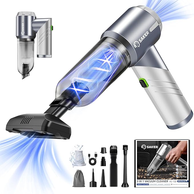 Saker Car Vacuum Cleaner 17000PA Foldable Mini Handheld Vacuums Portable Cordless with Brushless Motor for Gifts, Hair,Cars,Bedrooms,Offices Cleaning HL132 Silver