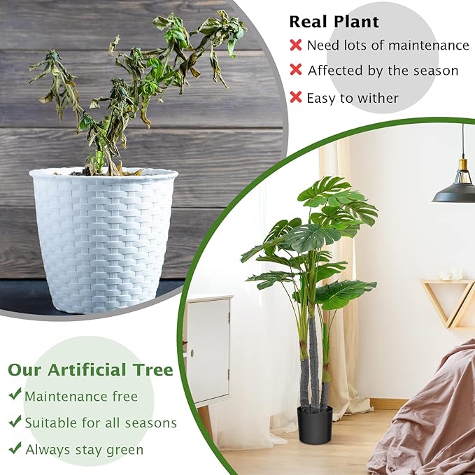 GOFLAME 4ft Artificial Monstera Deliciosa Plant, Faux Tree in Pot with 20 Large Leaves, 3 Trunks & Realistic Moss, Swiss Cheese Plant, Tropical Monstera Palm Tree for Home Office Garden Decor