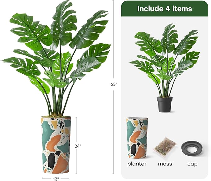 Artificial Tree in Modern Geometric Pattern Planter, Fake Monstera Silk Tree for Indoor and Outdoor Home Decoration - 65" Overall Tall (Plant Pot Plus Tree)