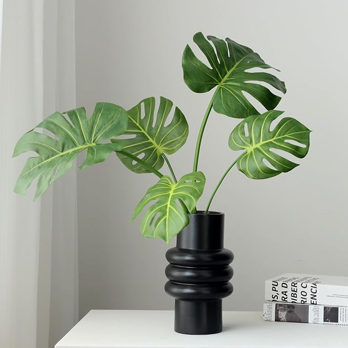 5pcs Artificial Monstera Leaves with Long Stem for Vase - Fake Tropical Plants Palm Leaves Realistic Turtle Leaves for Birthday Party Wedding Room Decor
