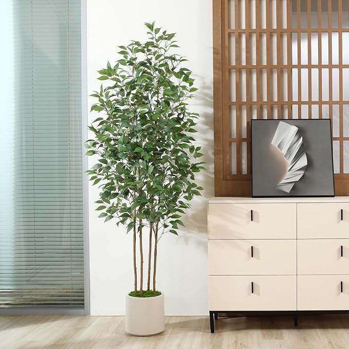 SOGUYI Ficus Artificial Tree 7ft Fake Silk Plant for Home Decor Indoor, Faux Tree in White Imitation Ceramic Planter Fake Floor Plant for Living Room and Home Office Corner Indoor Decor, Set of 1