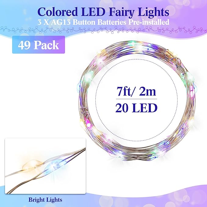 Tuanse 49 Pack LED Fairy Lights Colored Battery Operated String 3 Speed Modes 7 ft 20 LED Starry Wedding Decoration Waterproof Wire Twinkle Light for DIY Jar Bedroom Party Supplies (Rainbow Color)