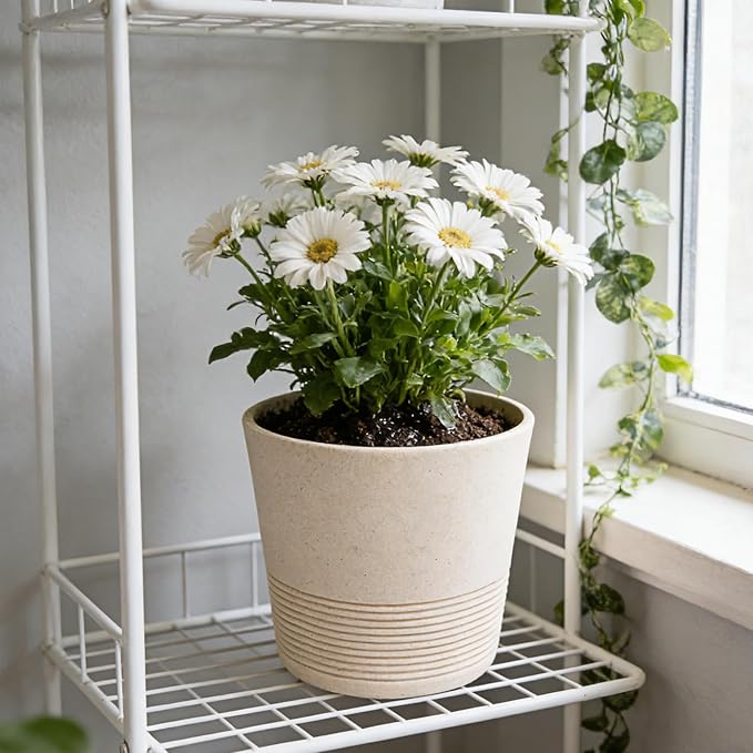 Ekirlin 7 Inch Natural Gravel Planters, Modern Resin Indoor Plant Pot, Heavy Planter with Drainage Hole, Removable Rubber Stopper and Non-Slip Soft Pad, Decorative Pot for Outdoor/Garden Plants